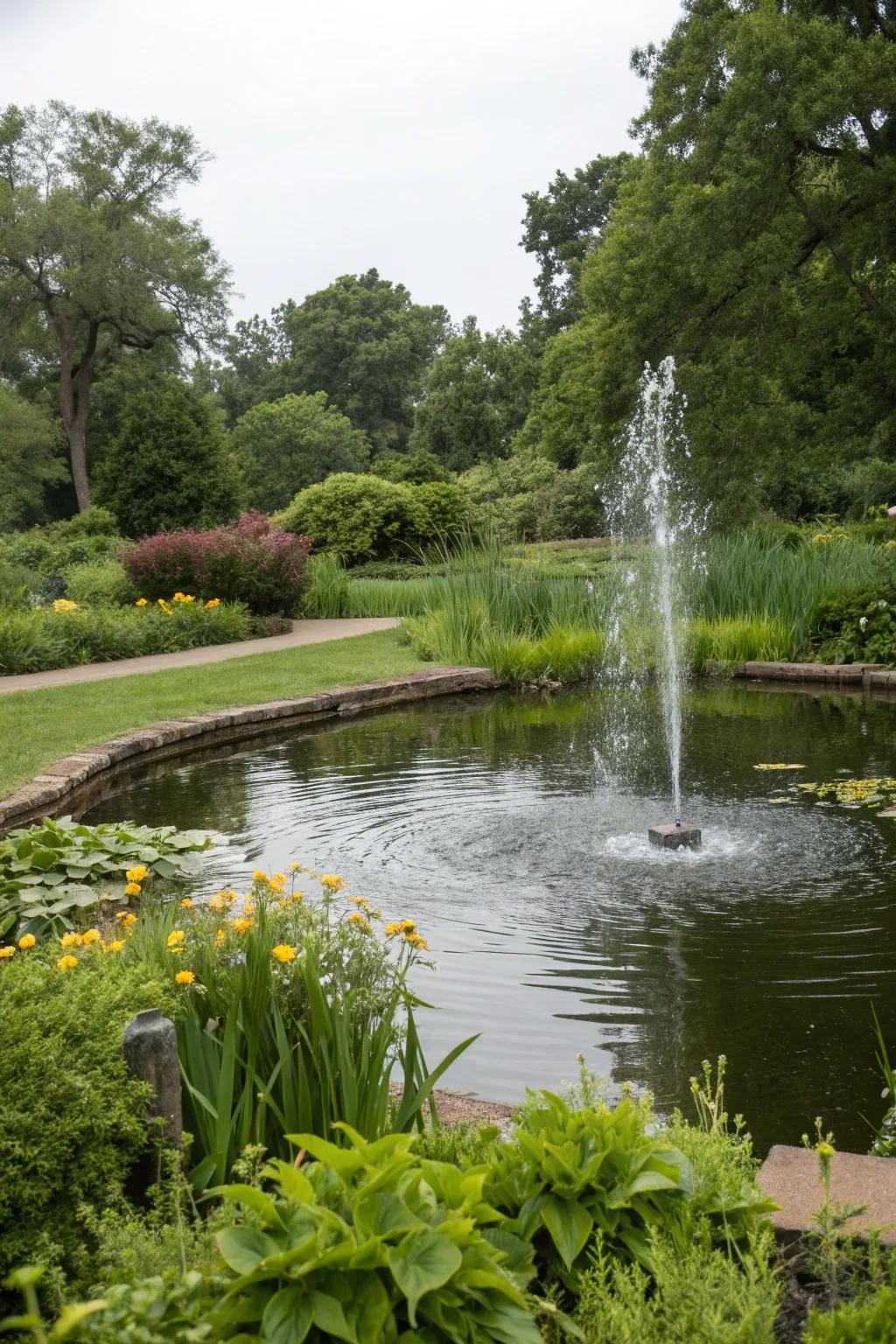 A calming garden pond with a fountain.