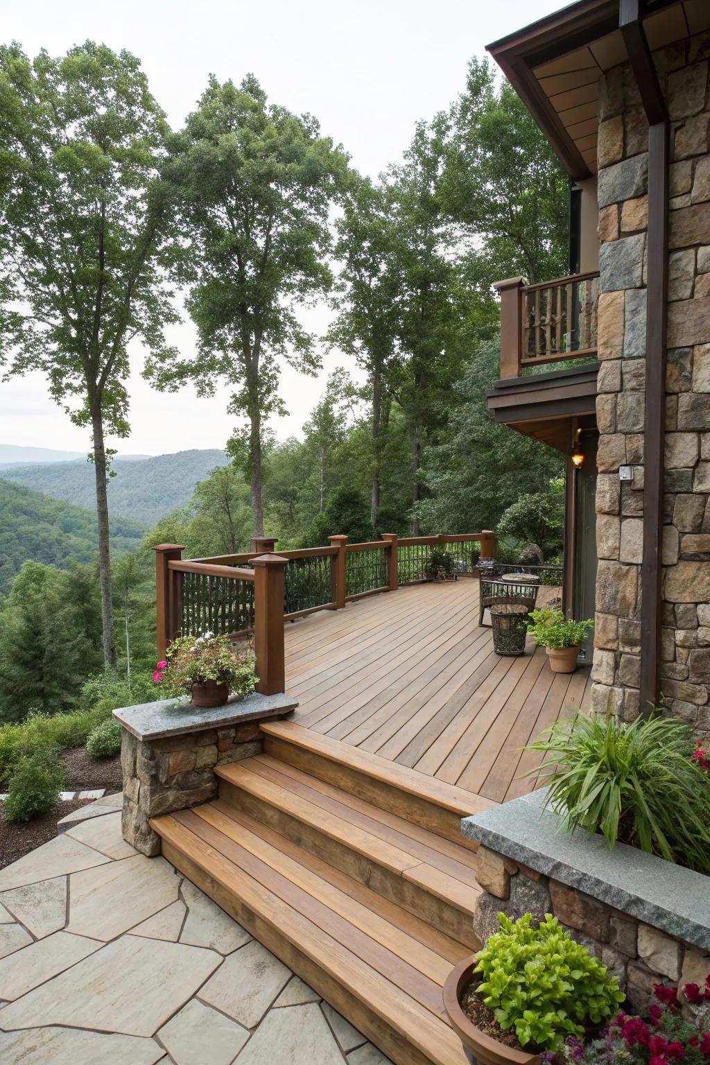A harmonious blend of natural elements on a split-level deck.