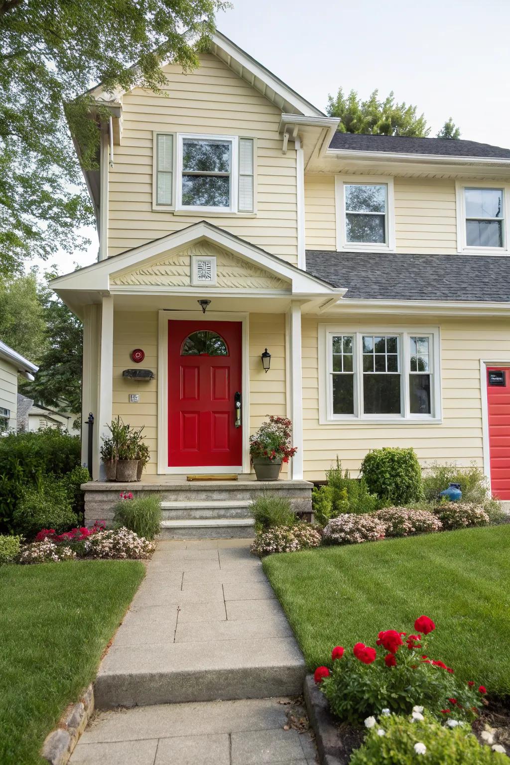 A bold red door adds a pop of color to this charming split-level home.