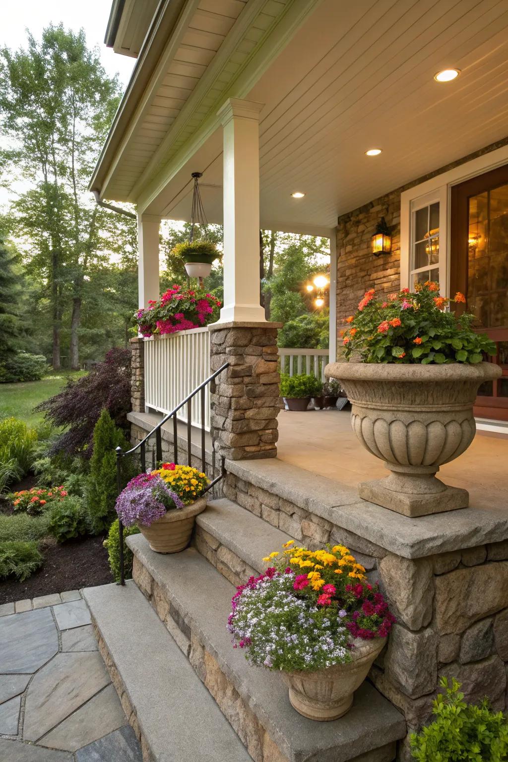 Elegant stone planters enhance the beauty of this porch with vibrant blooms.