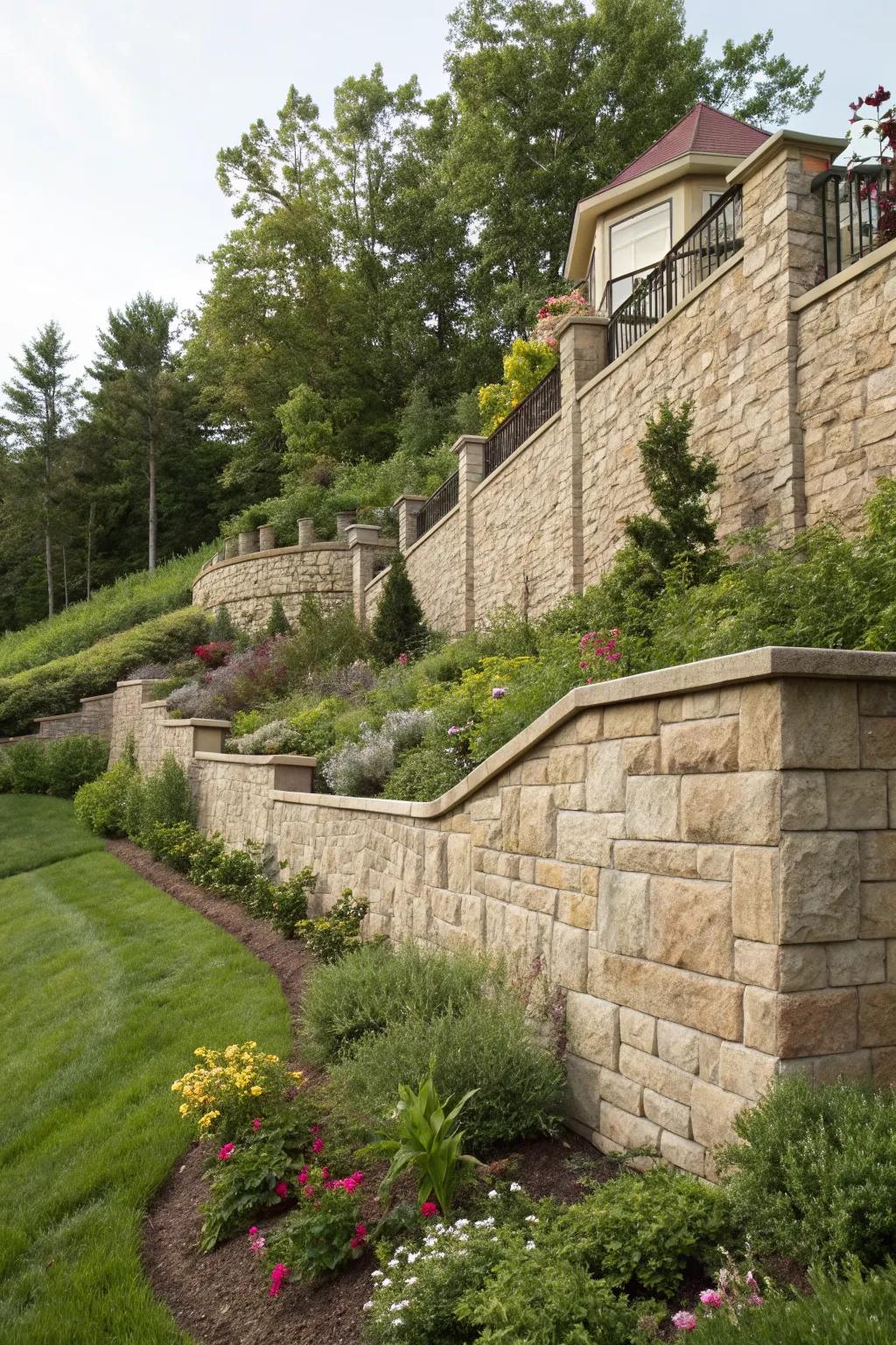 Stone retaining walls provide structure and elegance to a tiered garden landscape.