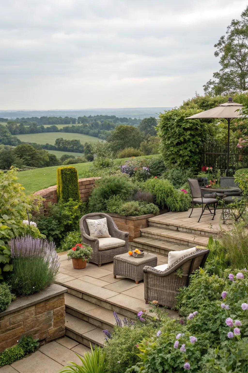 An inviting patio area nestled into a split-level garden.