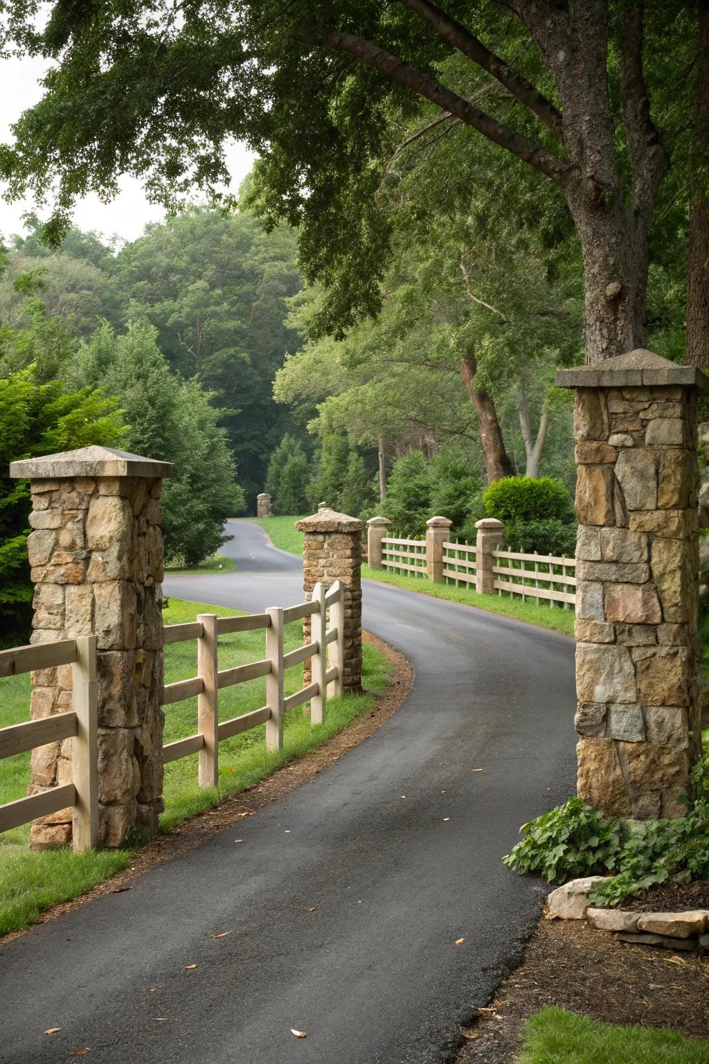 Stone pillars provide a stately complement to this split rail fence.