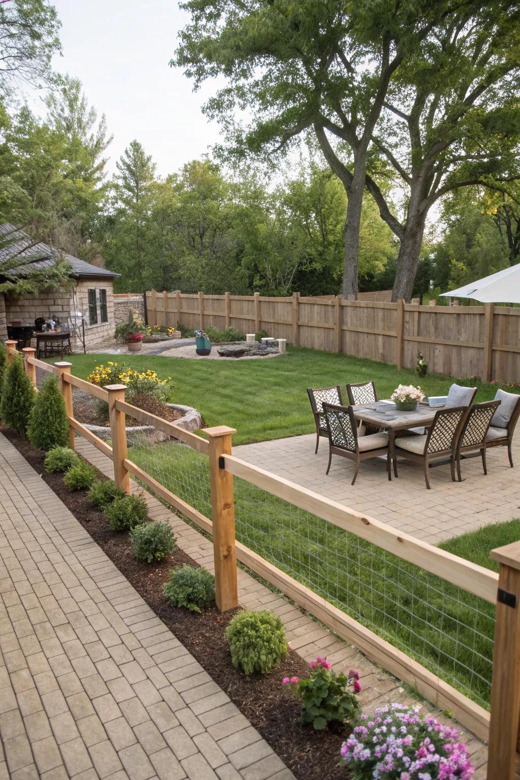 Split rail fences create distinct zones, making this backyard both functional and inviting.