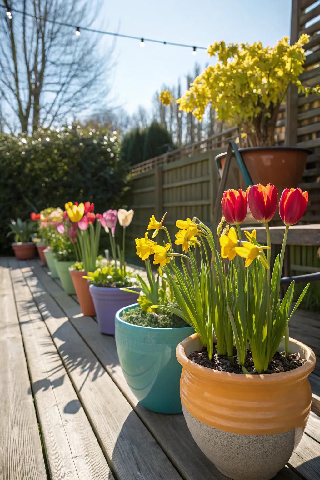 Compact flowering bulb arrangements in colorful pots.