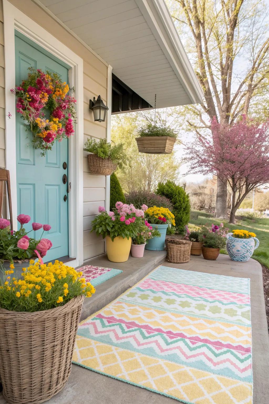 A colorful outdoor rug adds warmth and texture to your porch.