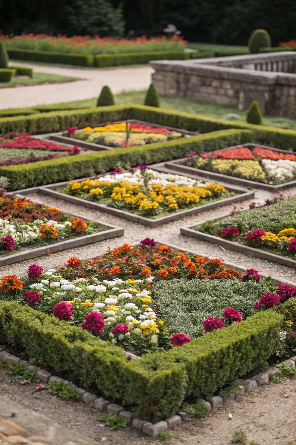 A square flower bed featuring a symmetrical geometric planting design.