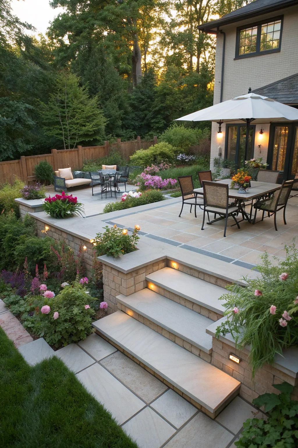 Layered levels add visual interest to square patios.