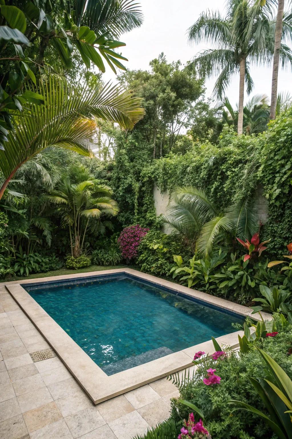 Lush greenery transforms a square pool into a tropical haven.