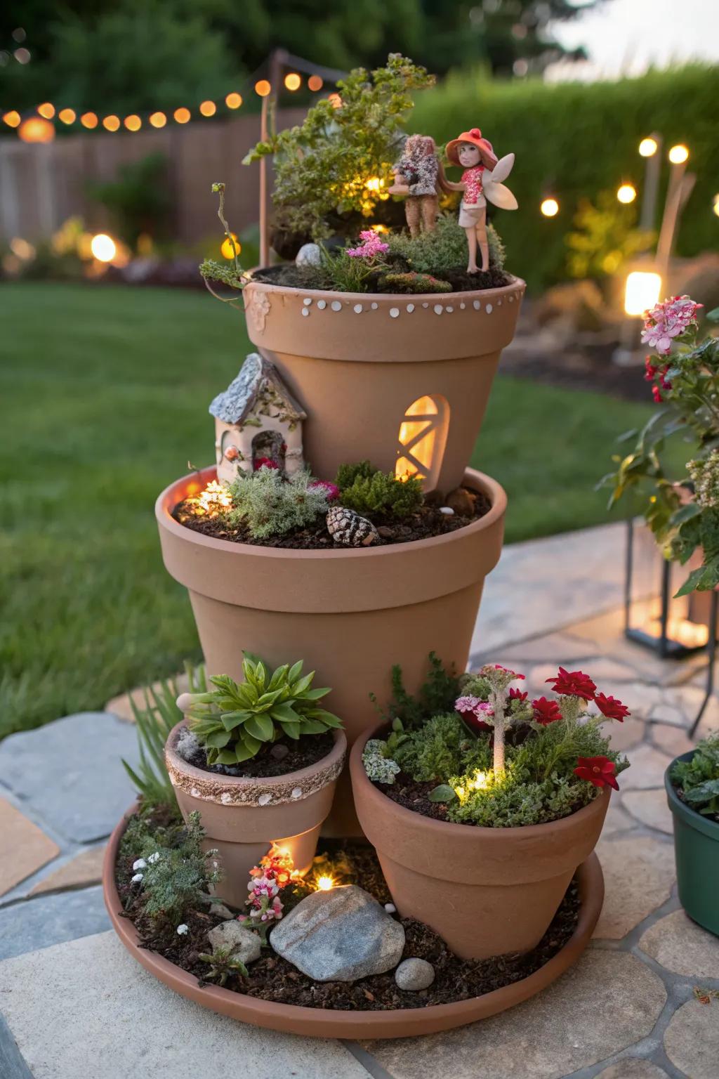 Create a magical fairy tale garden with stacked pots.
