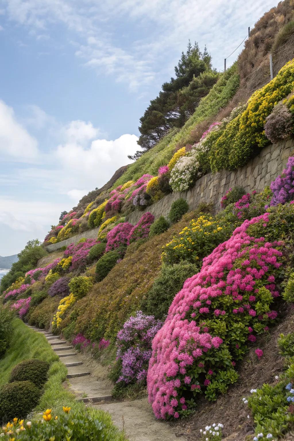 Layered plantings adding depth and color to a steep slope.