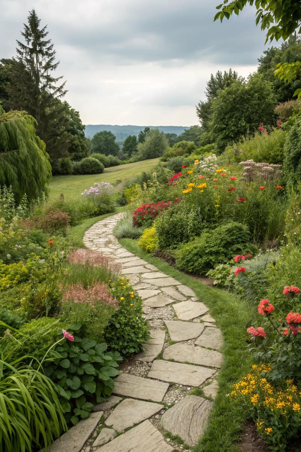 A meandering stone path creating a peaceful garden retreat.