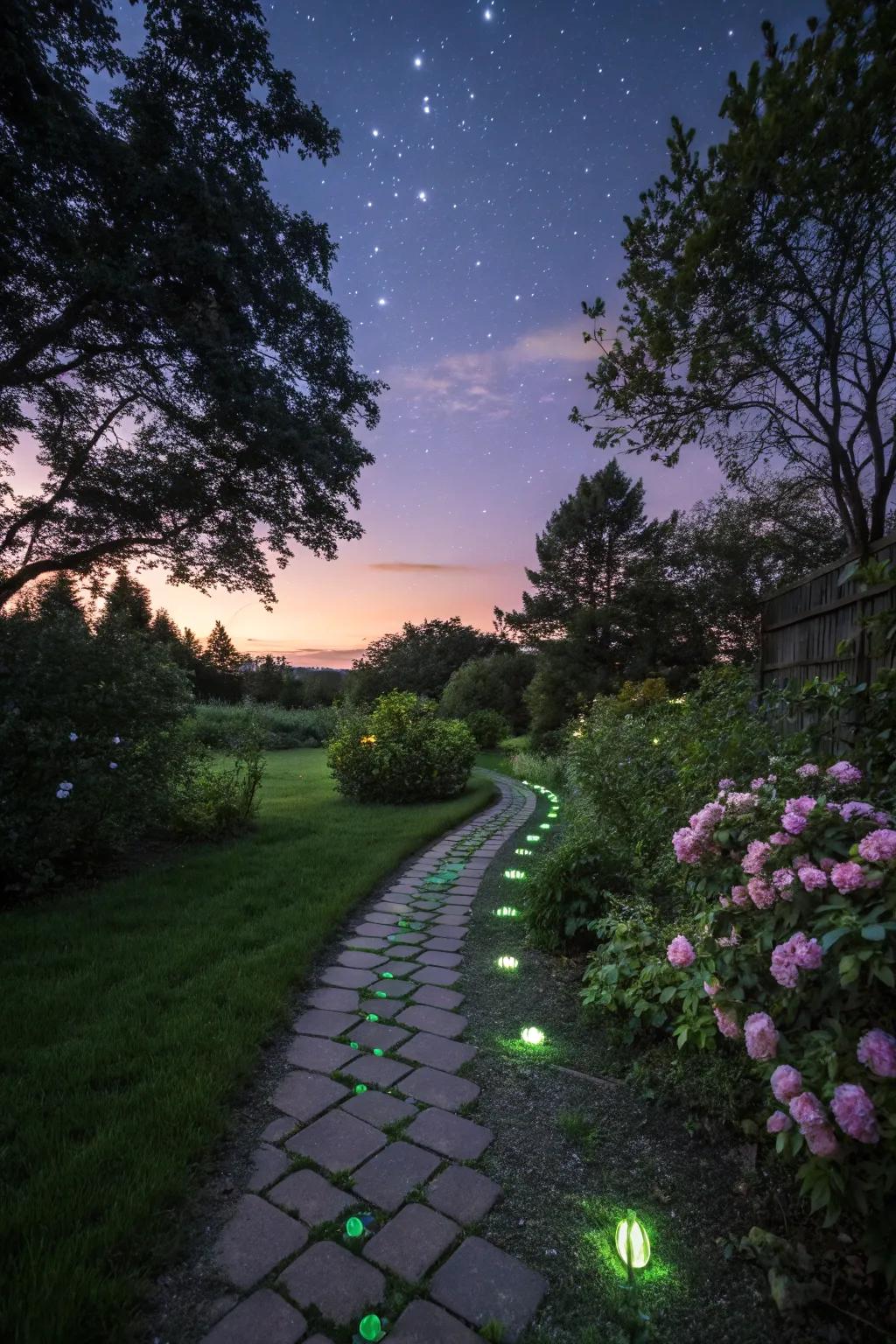 A magical path with glow-in-the-dark stones, lighting up the garden at night