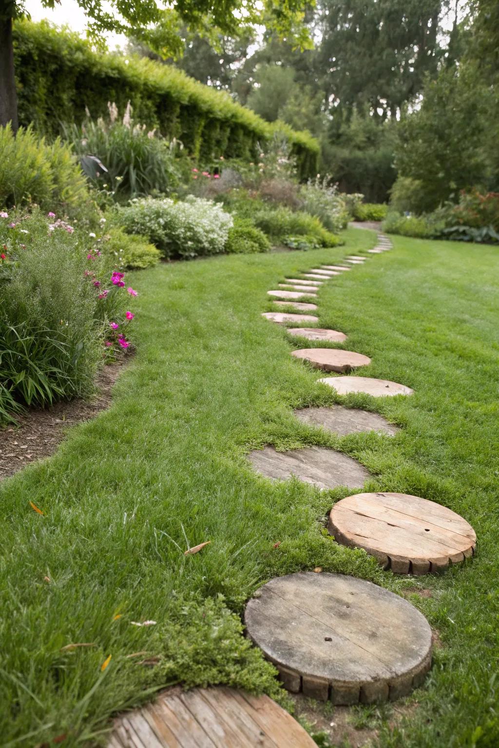 Wooden stepping stones adding warmth to a garden path.