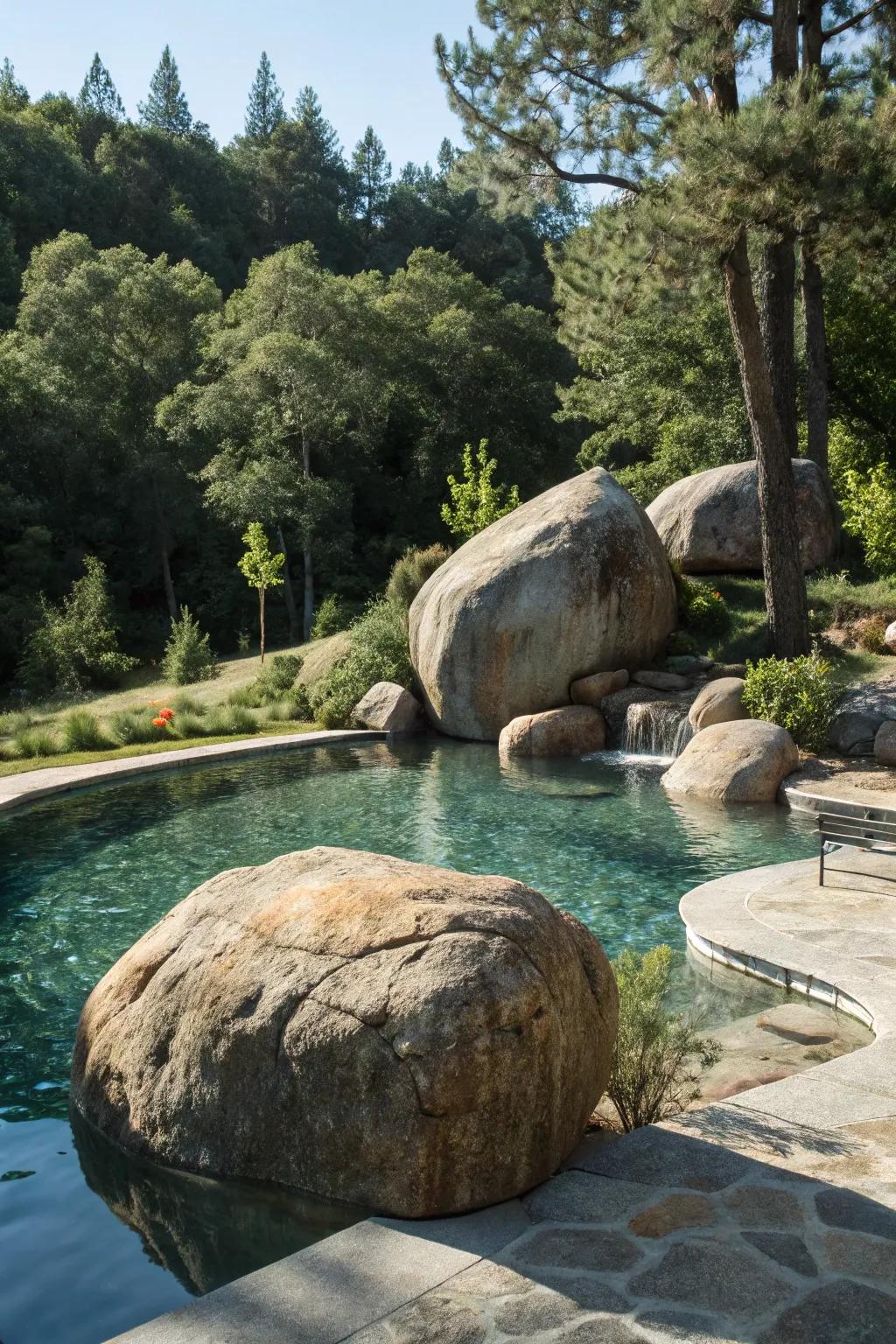 Boulders serve as striking focal points in pool landscaping.
