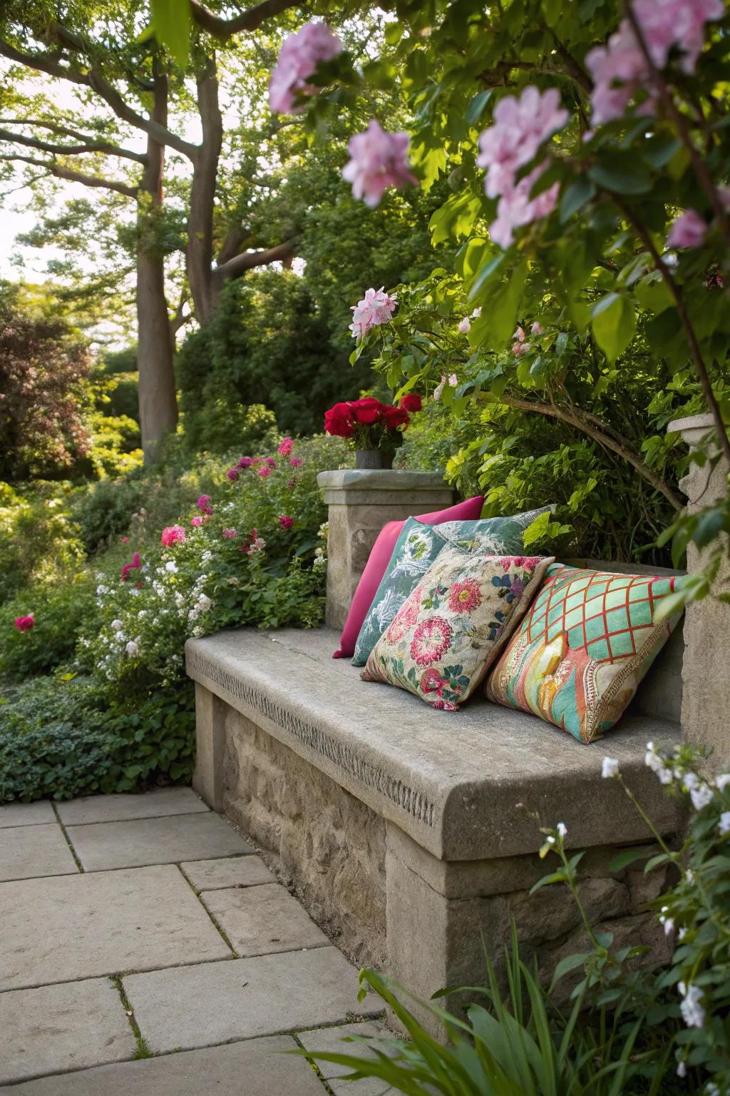 Decorative pillows bring comfort and style to this stone bench.
