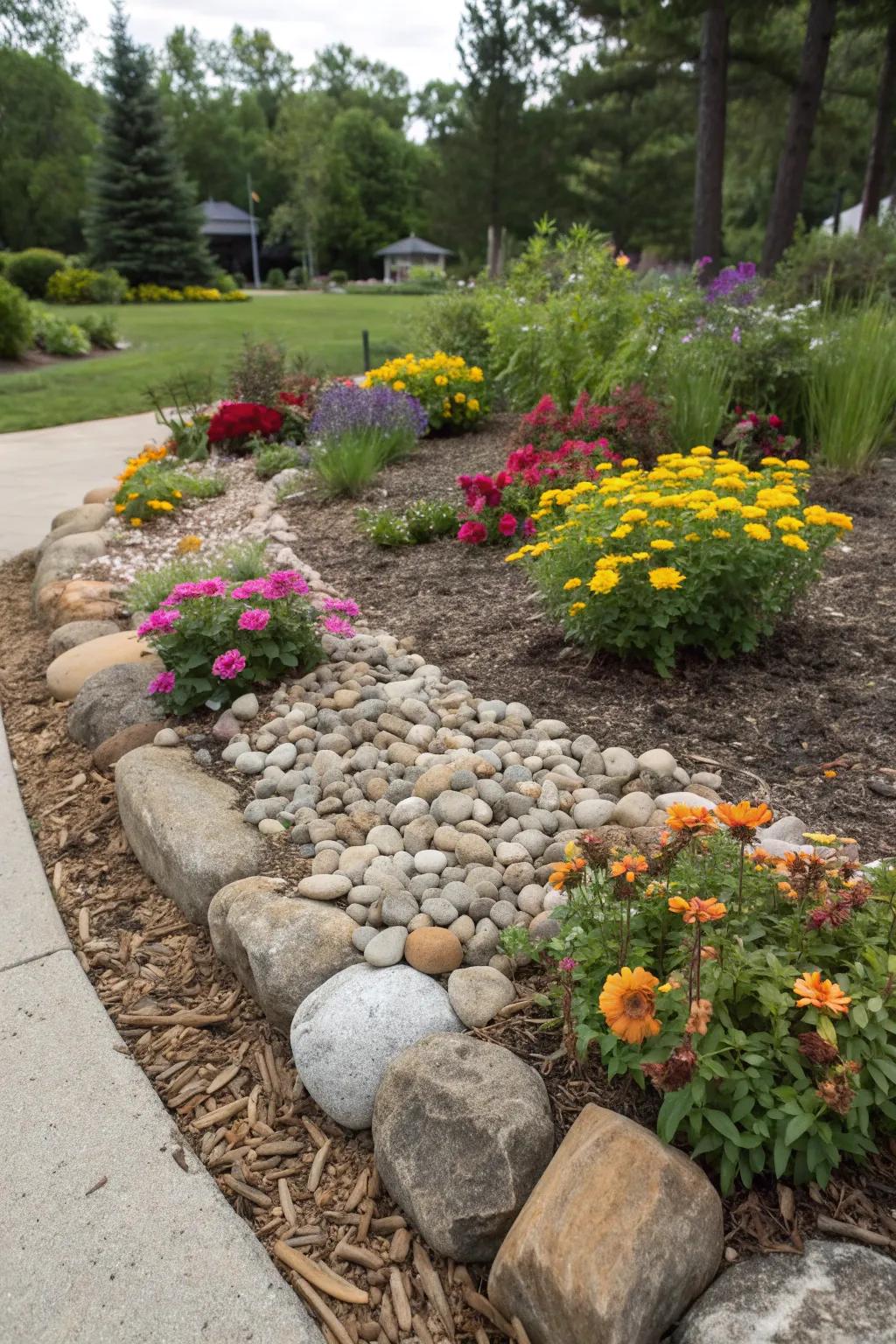 The combination of stones and mulch adds both beauty and practicality.