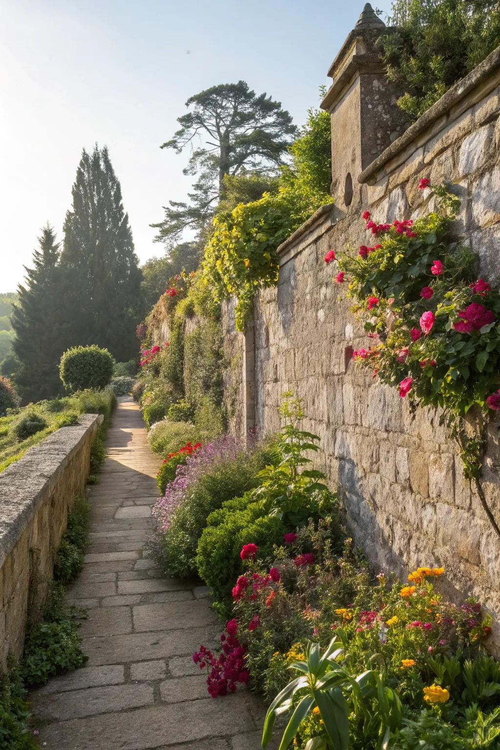 Mixed vegetation enhances the beauty of stone walls.
