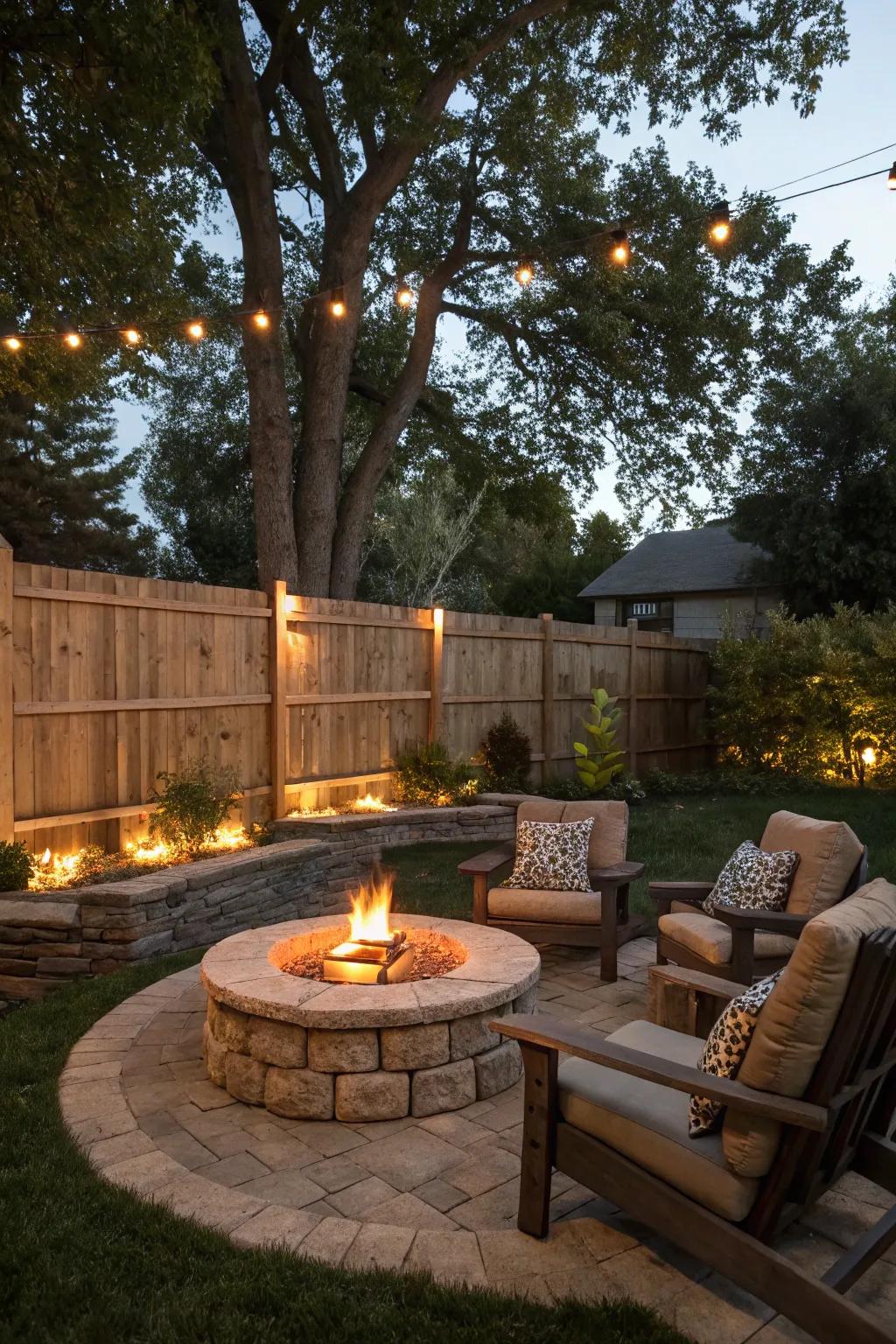 Stone fire pits serve as a warm centerpiece for outdoor gatherings.