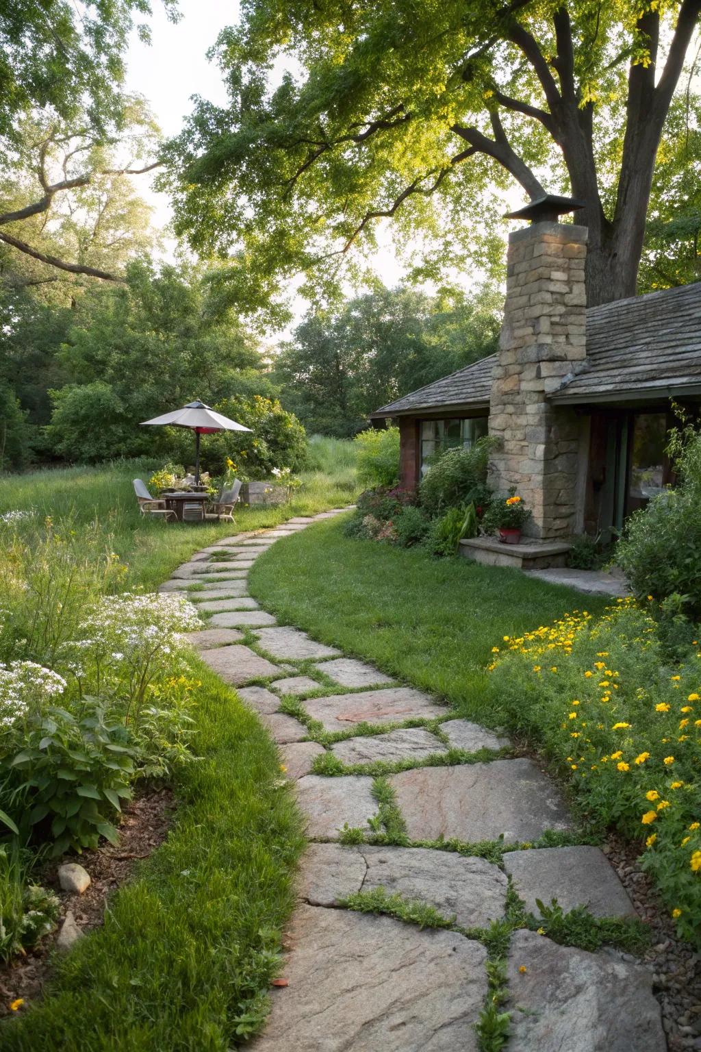 A stone pathway sets the stage for your patio entrance.