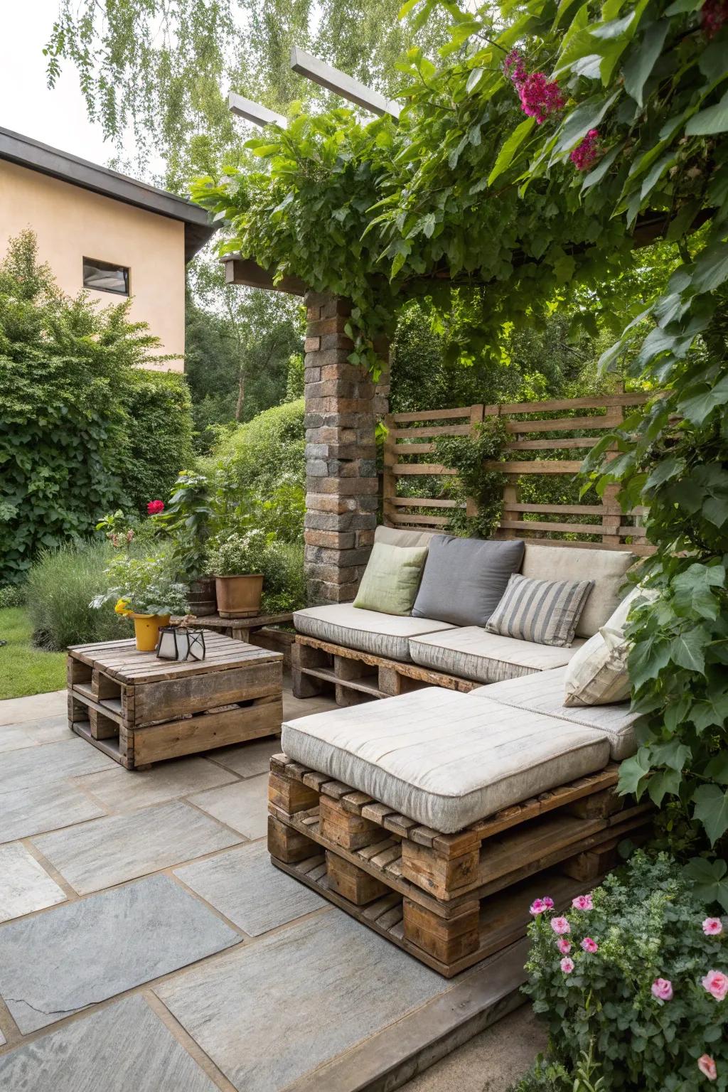 Rustic chic pallet seating with stone accents.