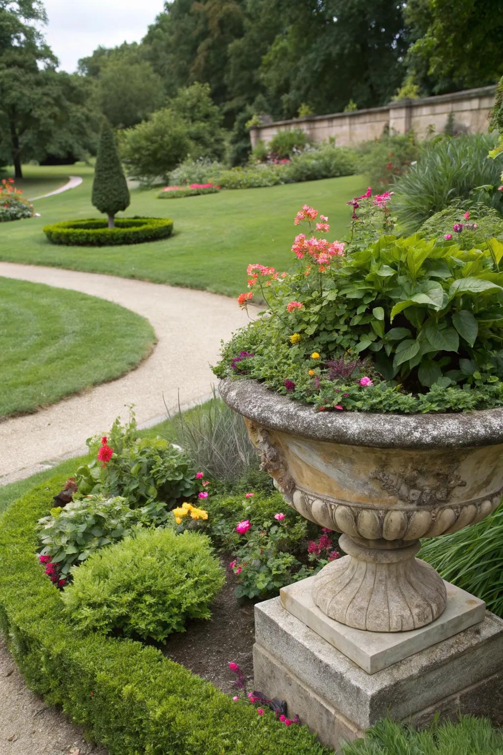 A natural stone planter blending seamlessly with the garden.