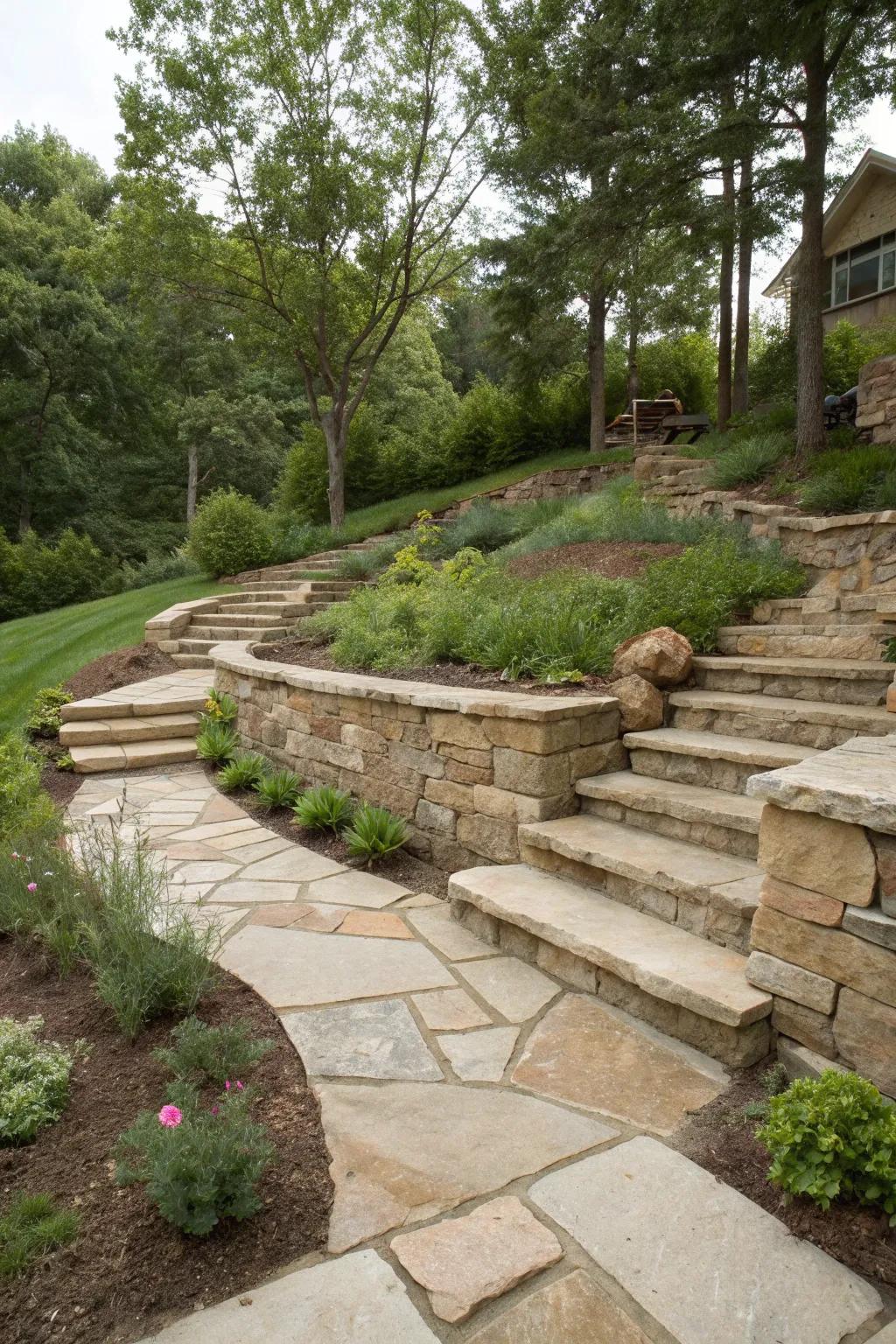 Stone pathways and steps provide easy access and visual continuity.