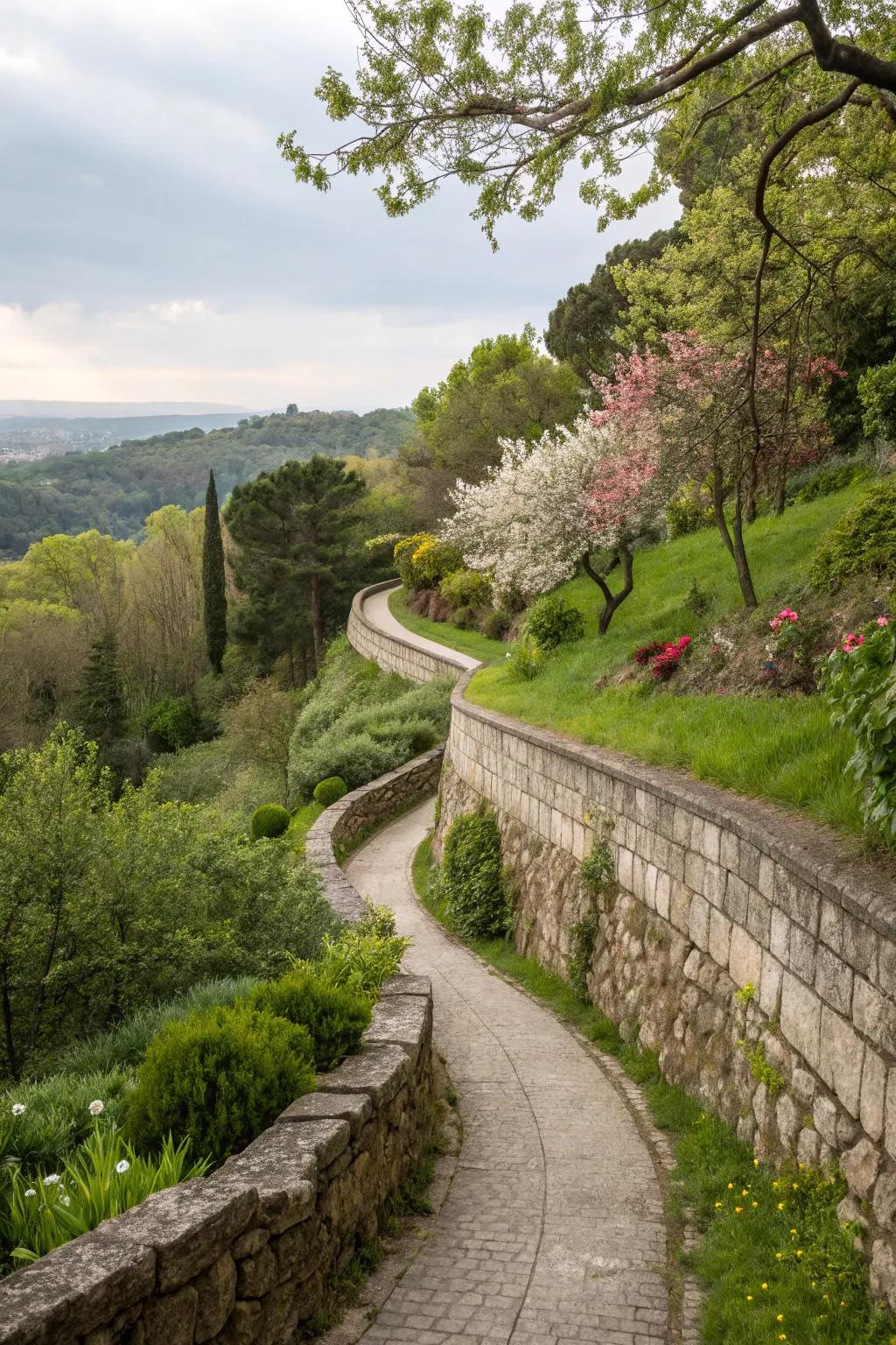 A harmonious blend of stone, plants, and pathways.