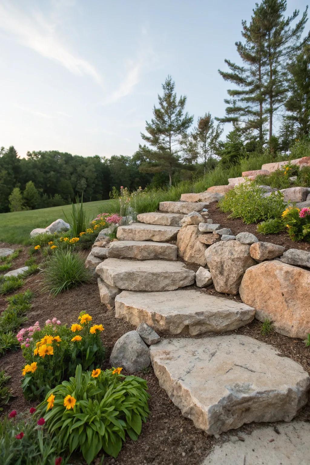 Layered rocks provide a tiered edging effect in garden beds.