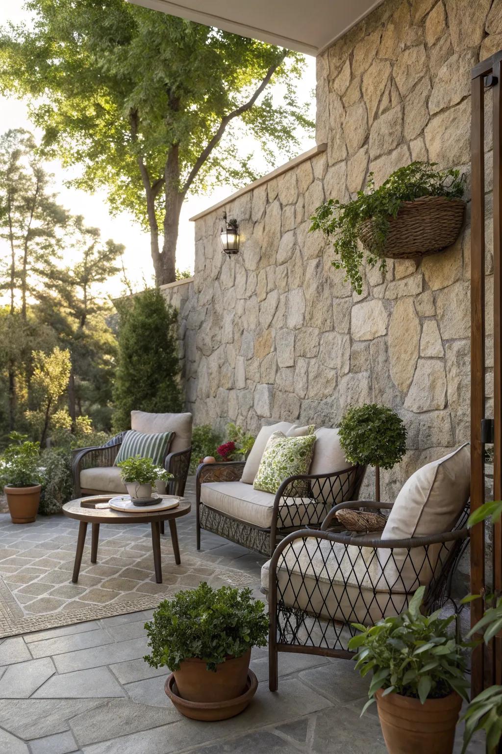 A stone wall defines a cozy outdoor living space.
