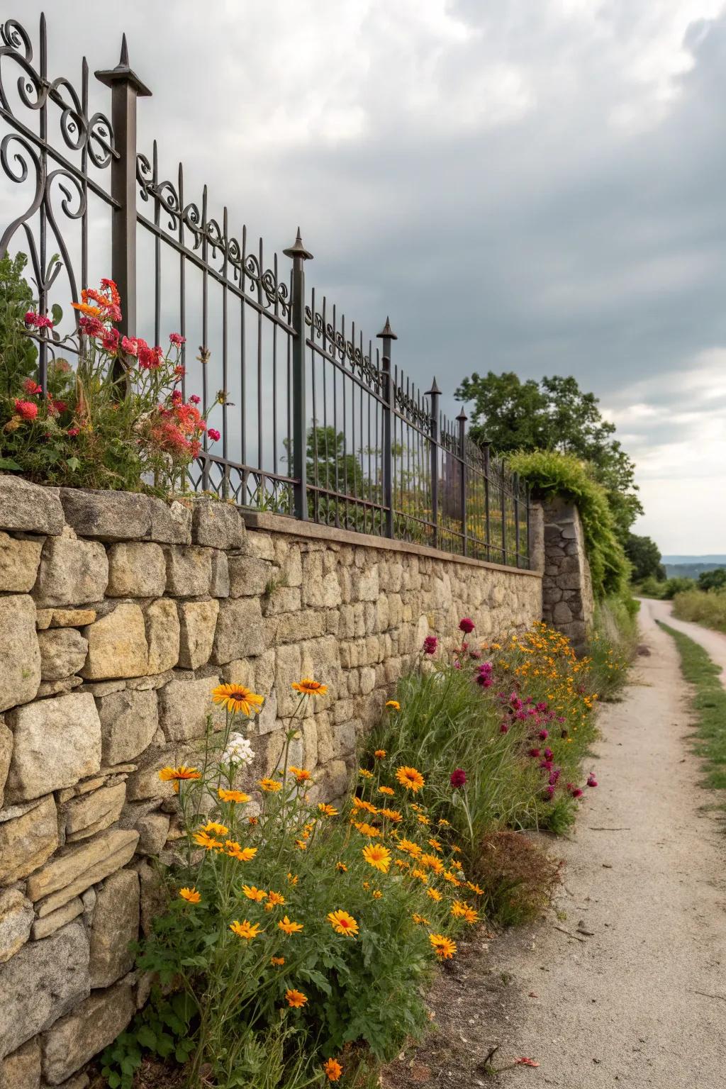 Rustic allure with wrought iron and stone.