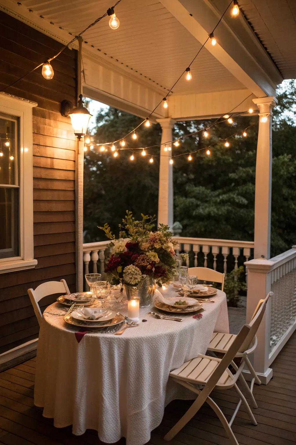 A dining area on the front porch, beautifully lit by string lights for evening meals.