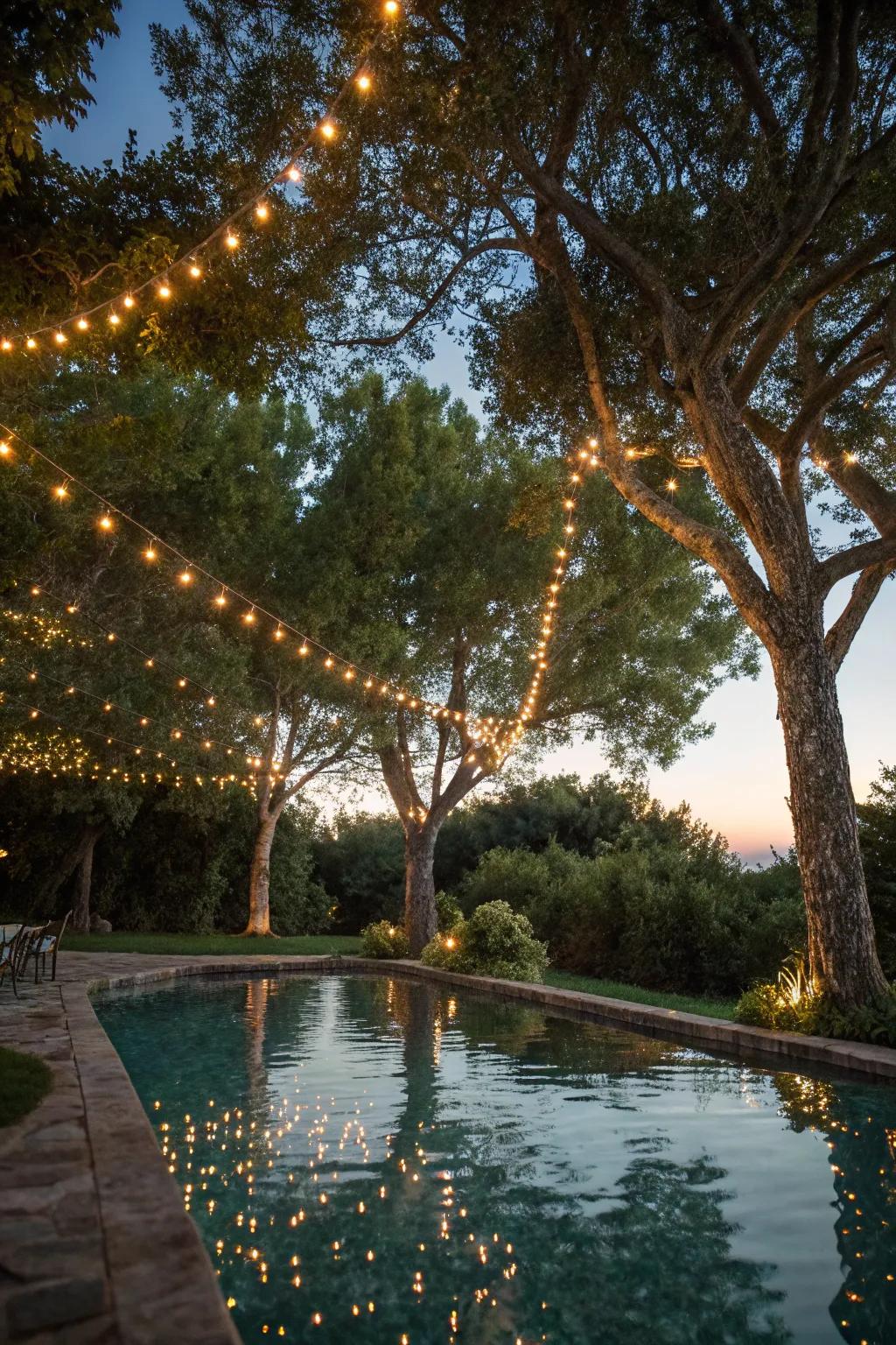 Tree-wrapped lights extend the magic past the pool.