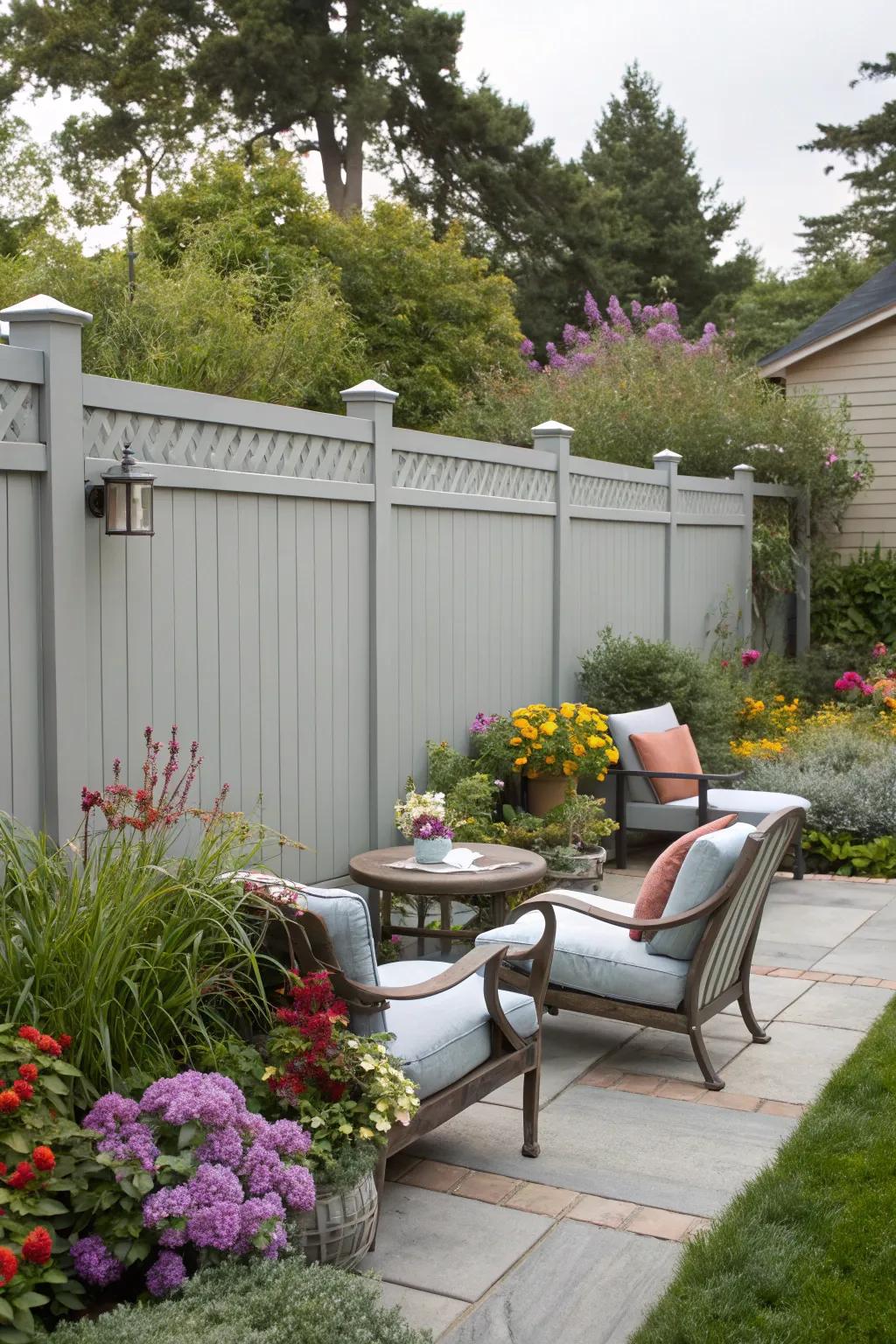 Colorful stucco fence harmonizing with the garden.
