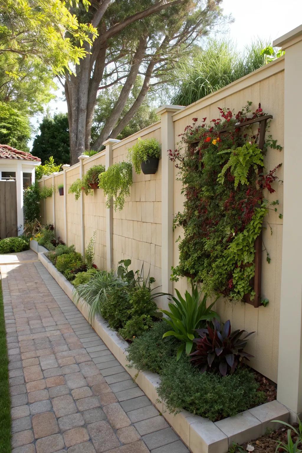 A stucco wall featuring a vibrant vertical garden.