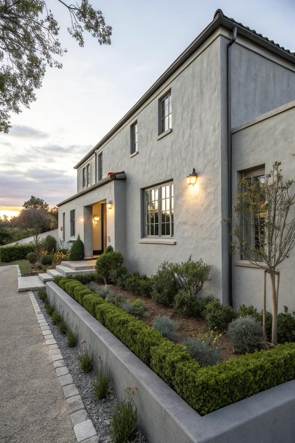 Gray stucco exudes a modern and polished look.