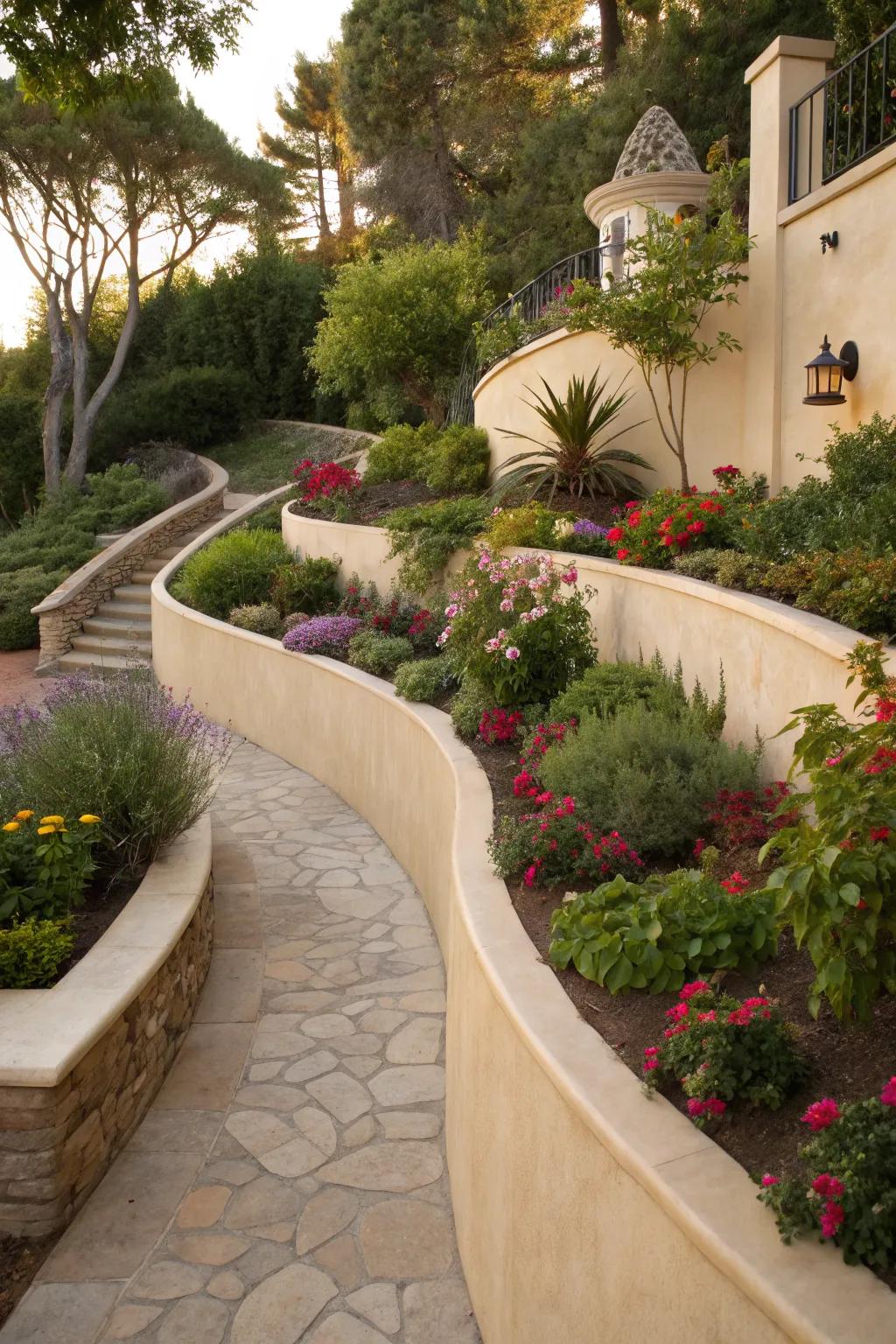 Curved stucco walls offer a graceful and natural integration.