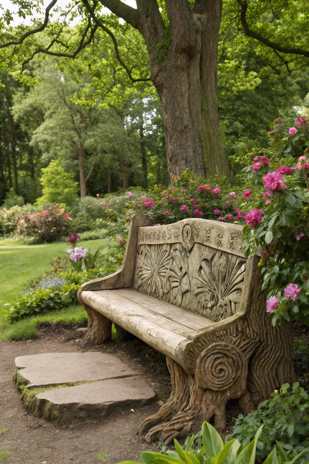 Intricate carvings add a personal touch to any stump bench.