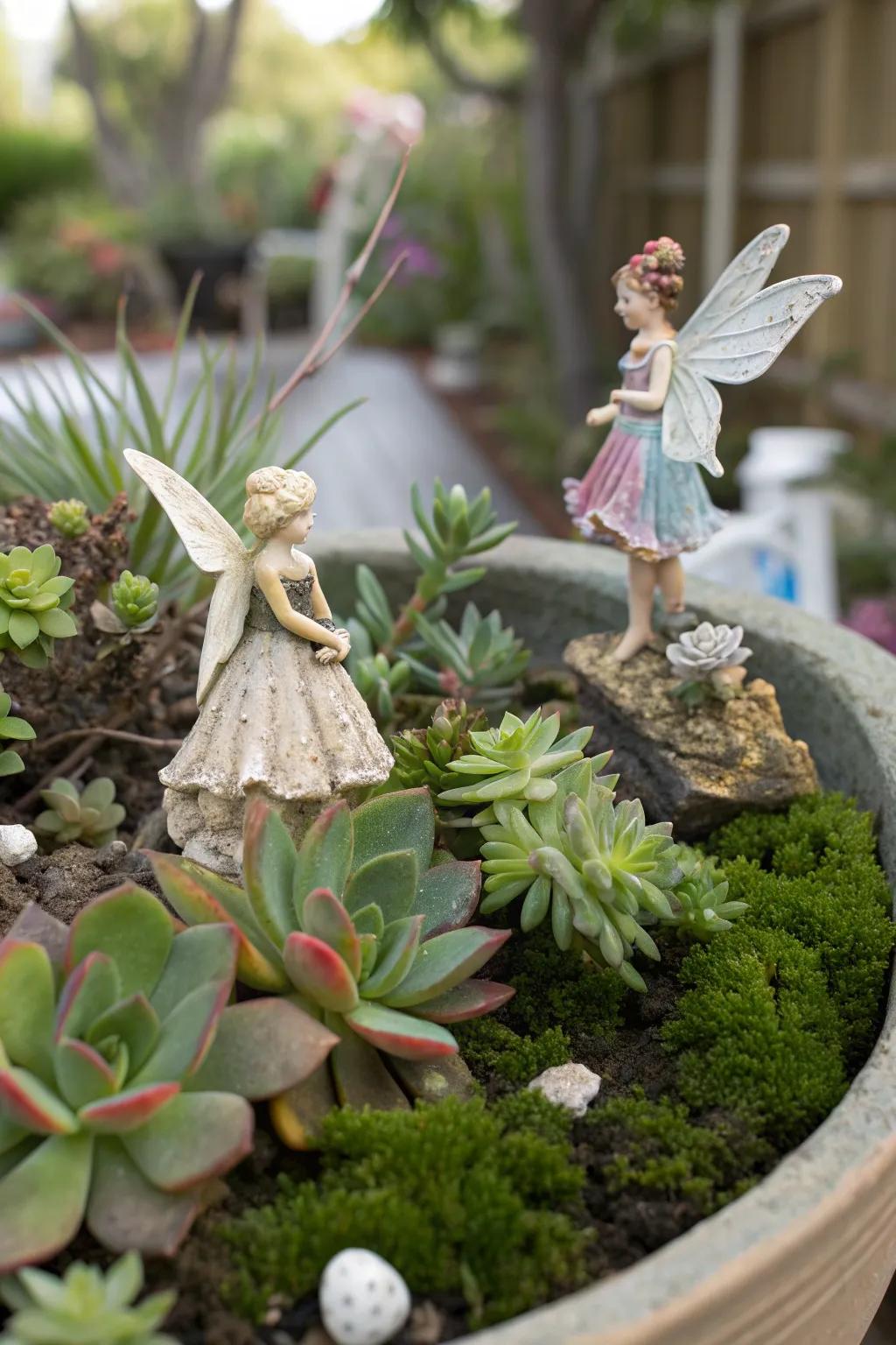 Fairy figurines add a whimsical touch to any succulent garden.