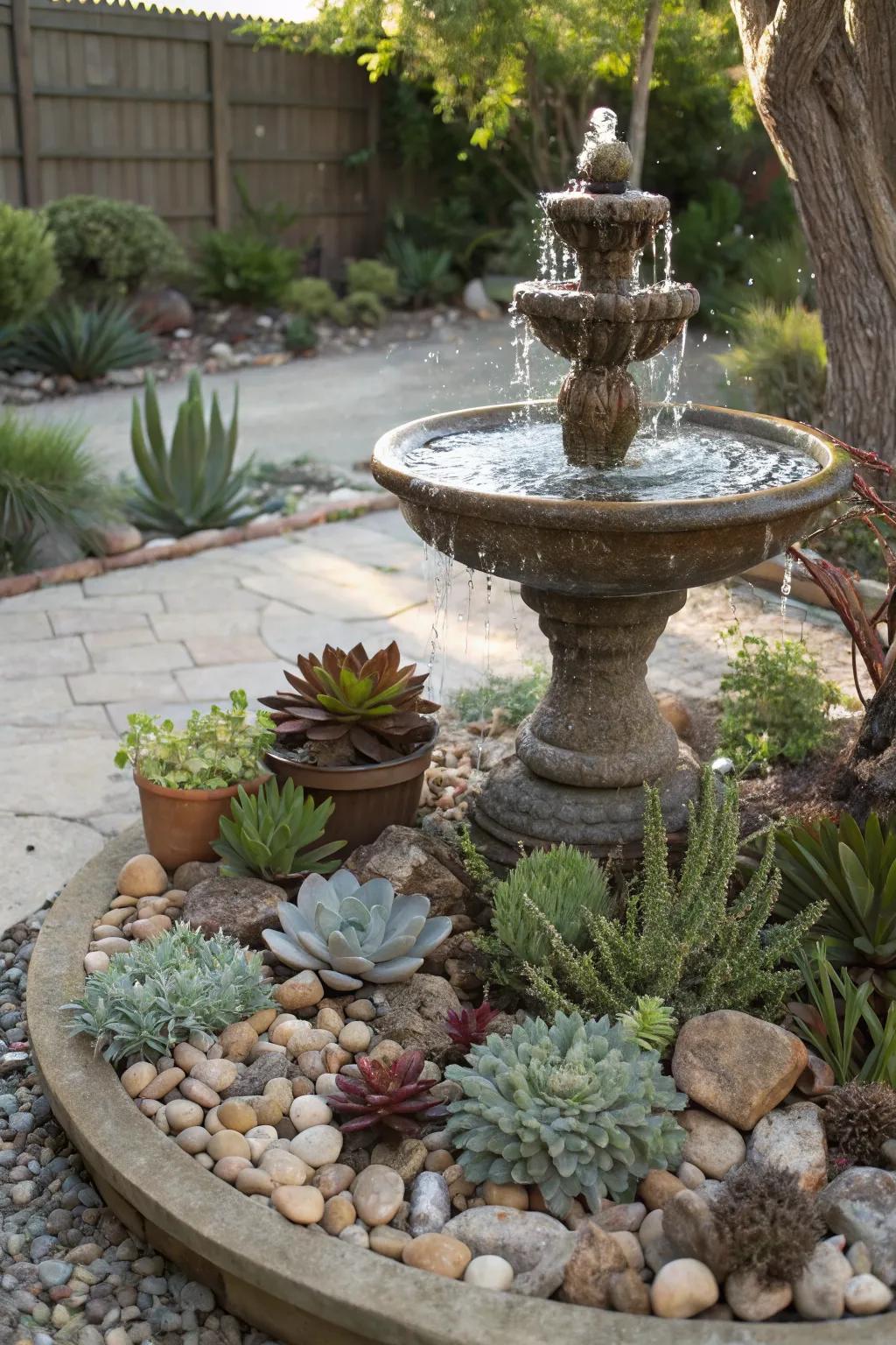 Water feature surrounded by succulents adds tranquility