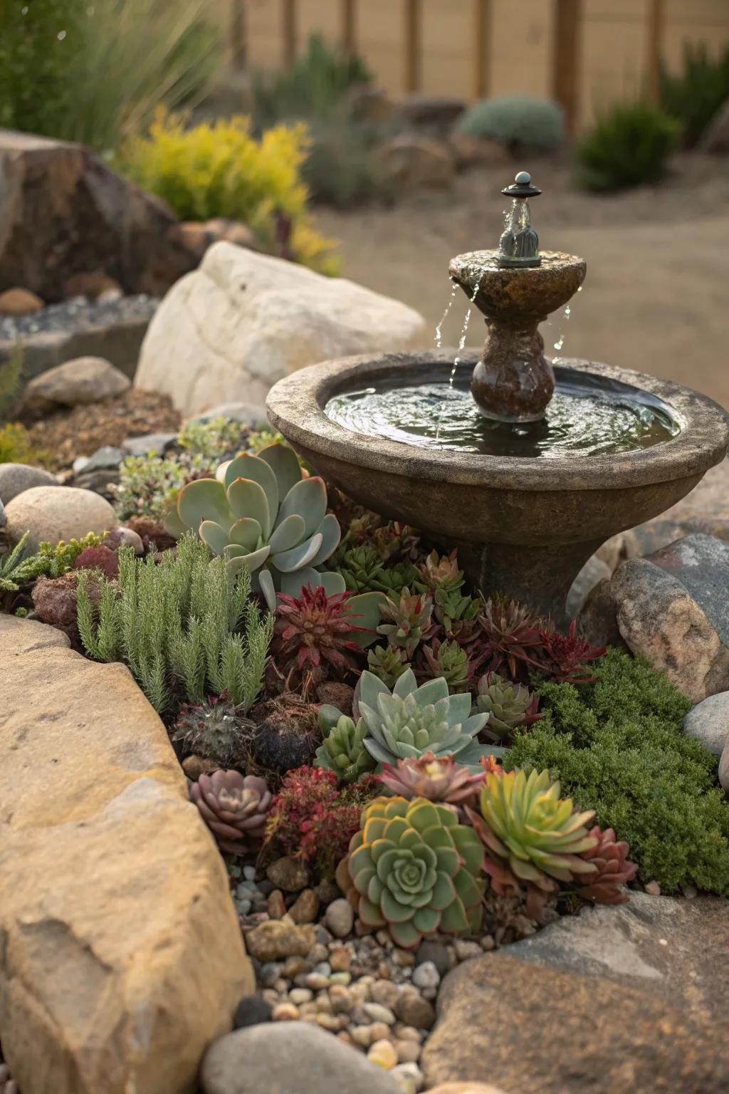 A water feature adds a serene touch to the garden.