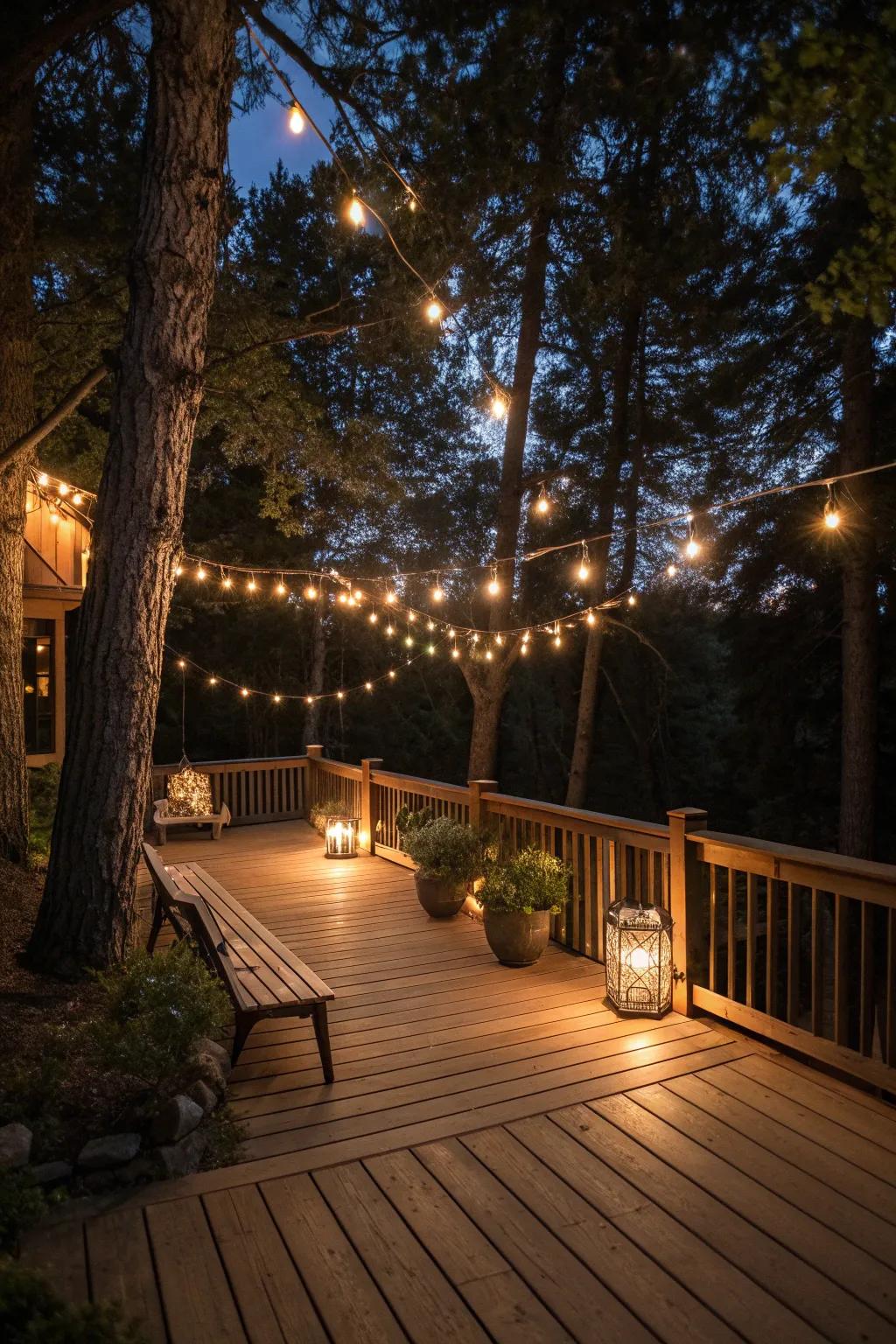 Outdoor lighting transforms your deck into a magical evening space.