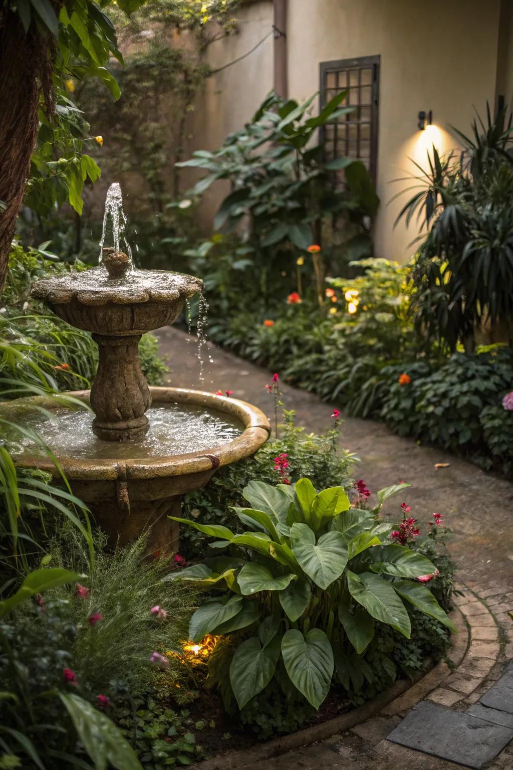 A small water fountain adding tranquility to the garden