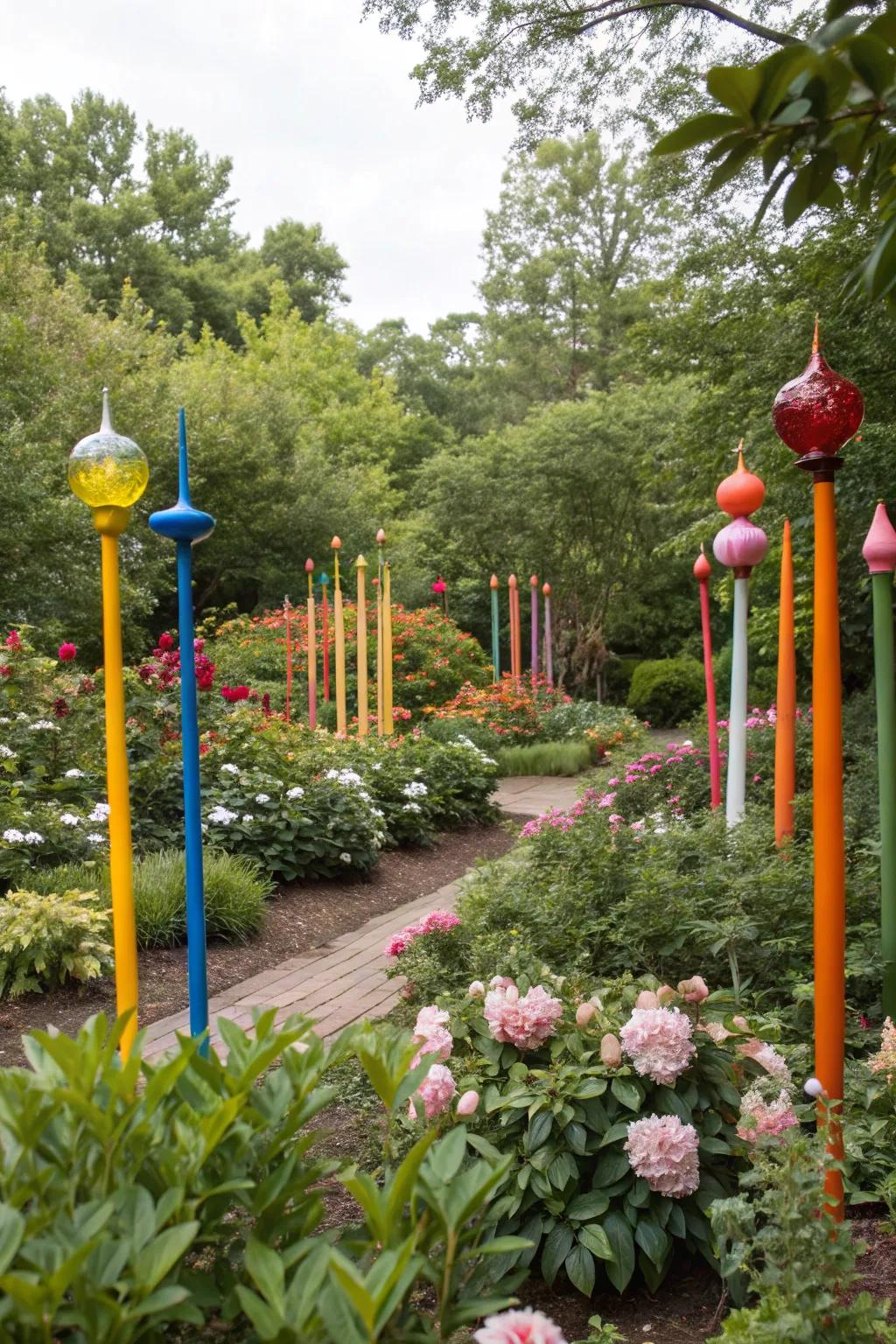 Artful sculptures and garden stakes adding personality to the garden.