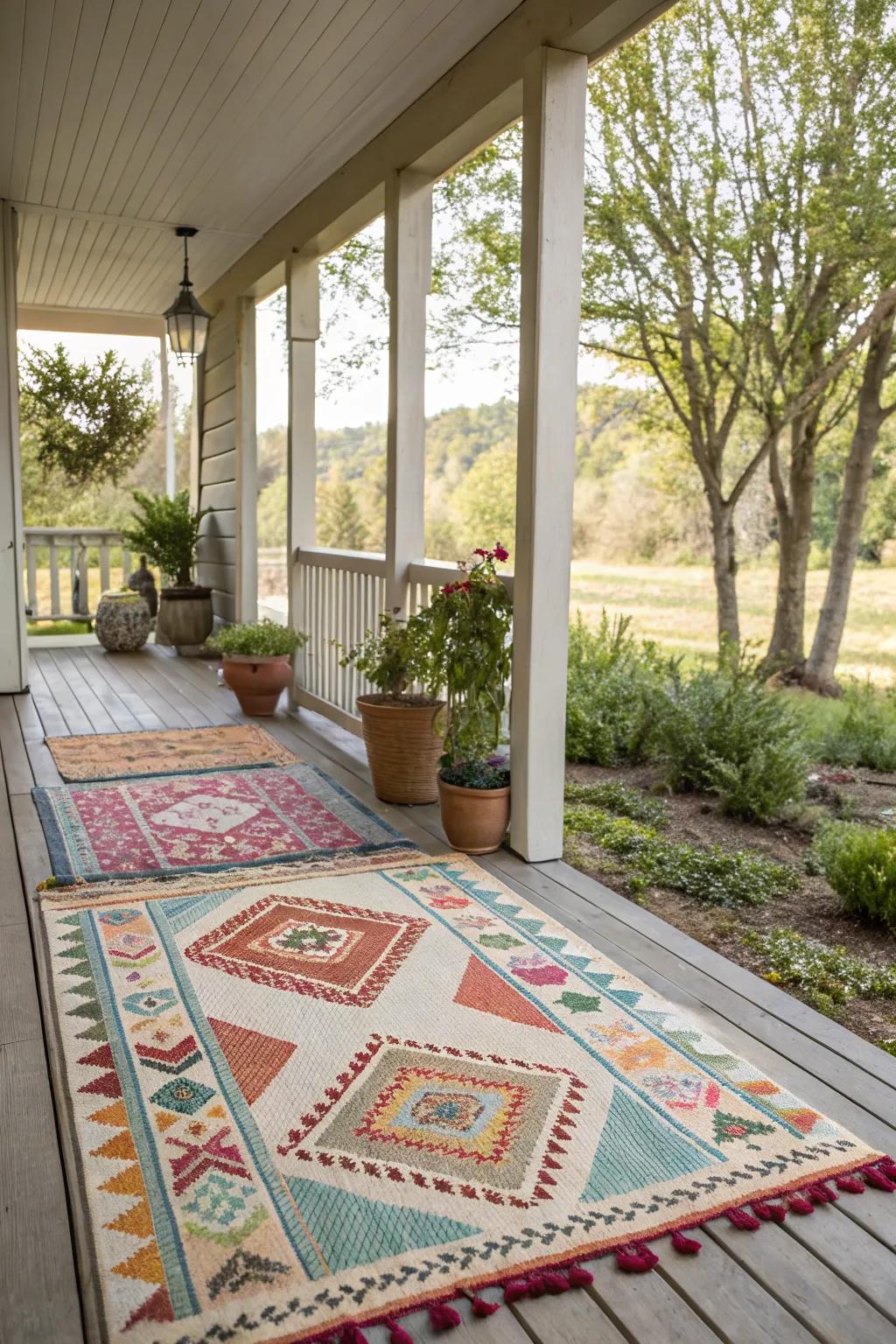 Layered outdoor rugs add warmth and style to the porch.
