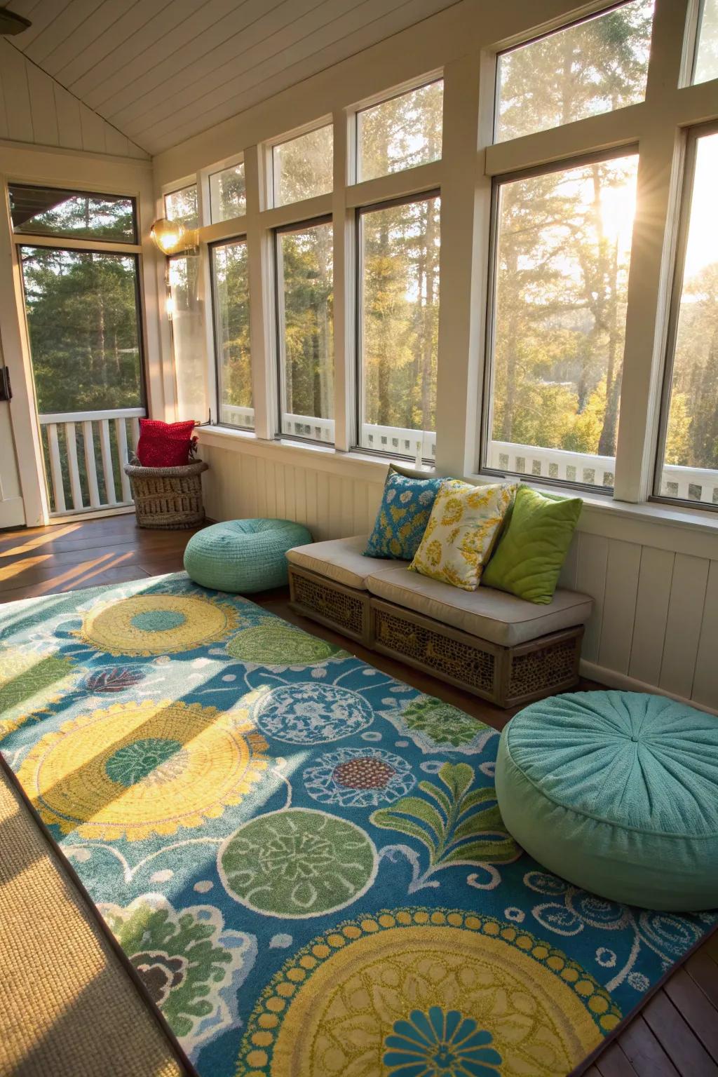 Colorful rugs and cushions add warmth to the sun porch.