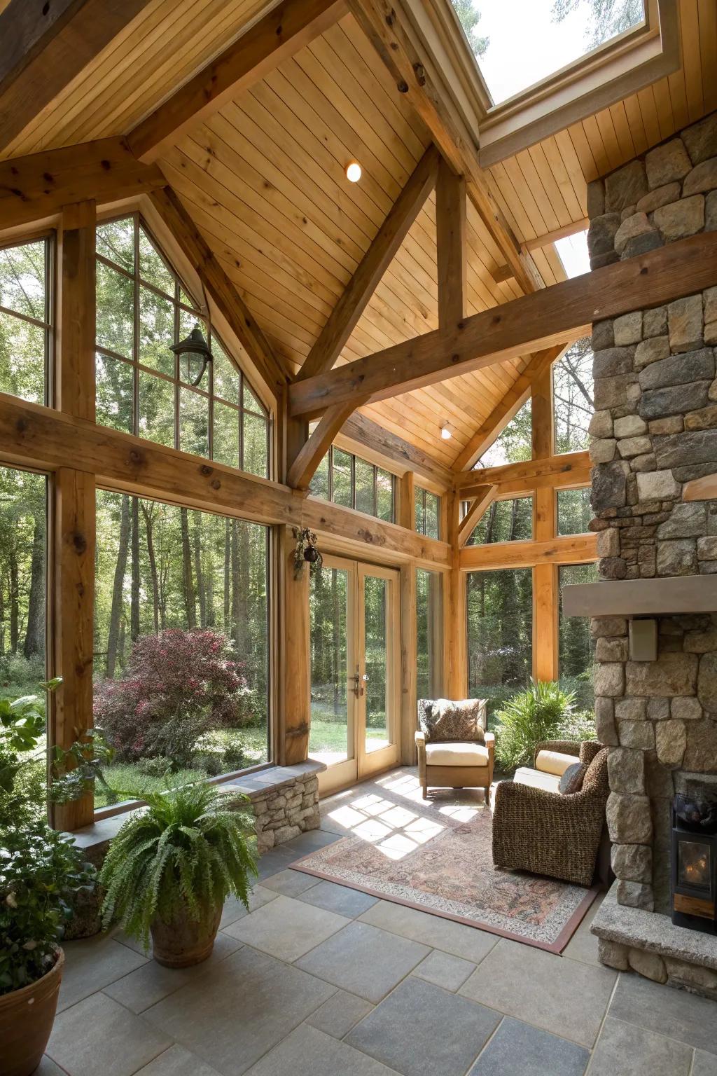 Warmth and natural beauty with wood and stone in the sunroom.