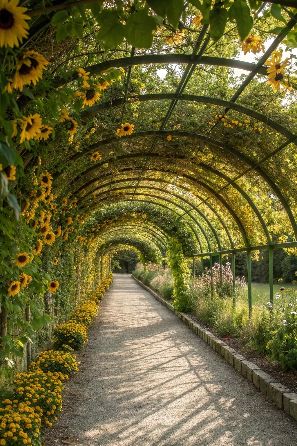 A sun-drenched walkway through a tunnel of sunflowers.