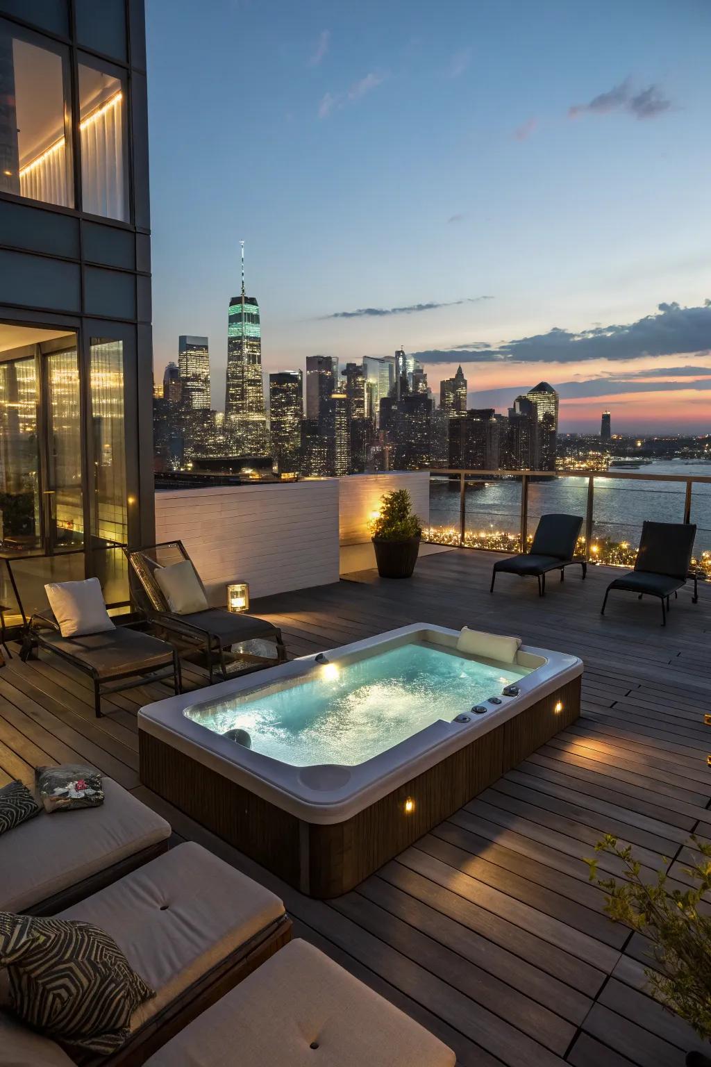 A rooftop sunken hot tub deck providing a breathtaking cityscape view.