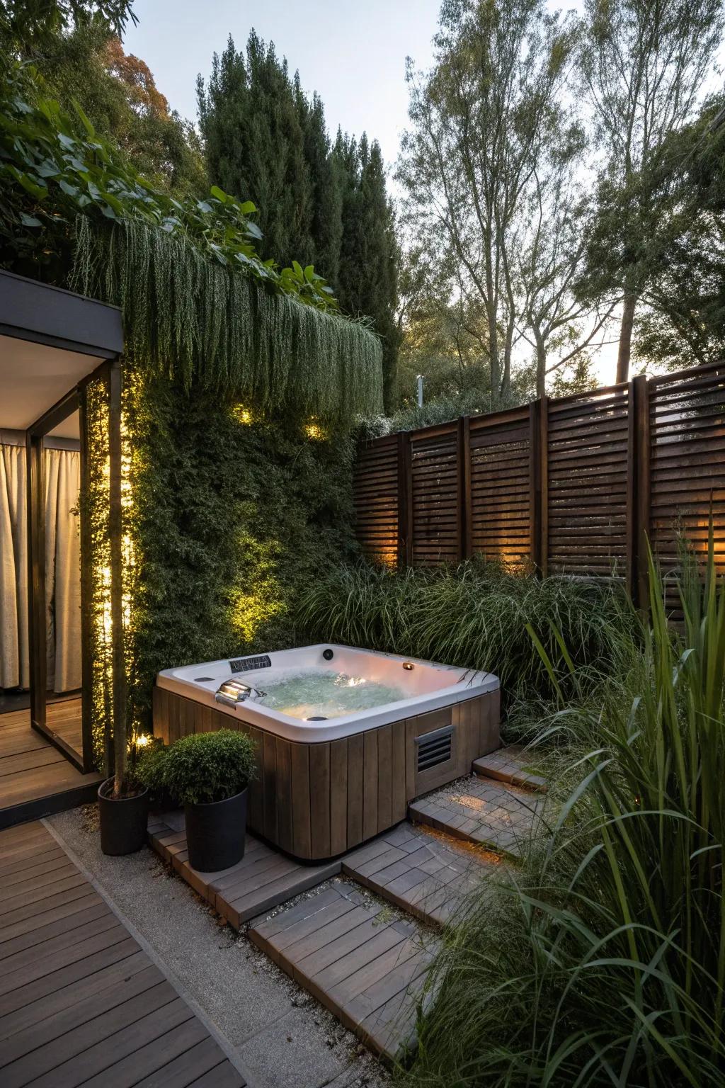 Tall plants offer privacy and tranquility in your hot tub area.